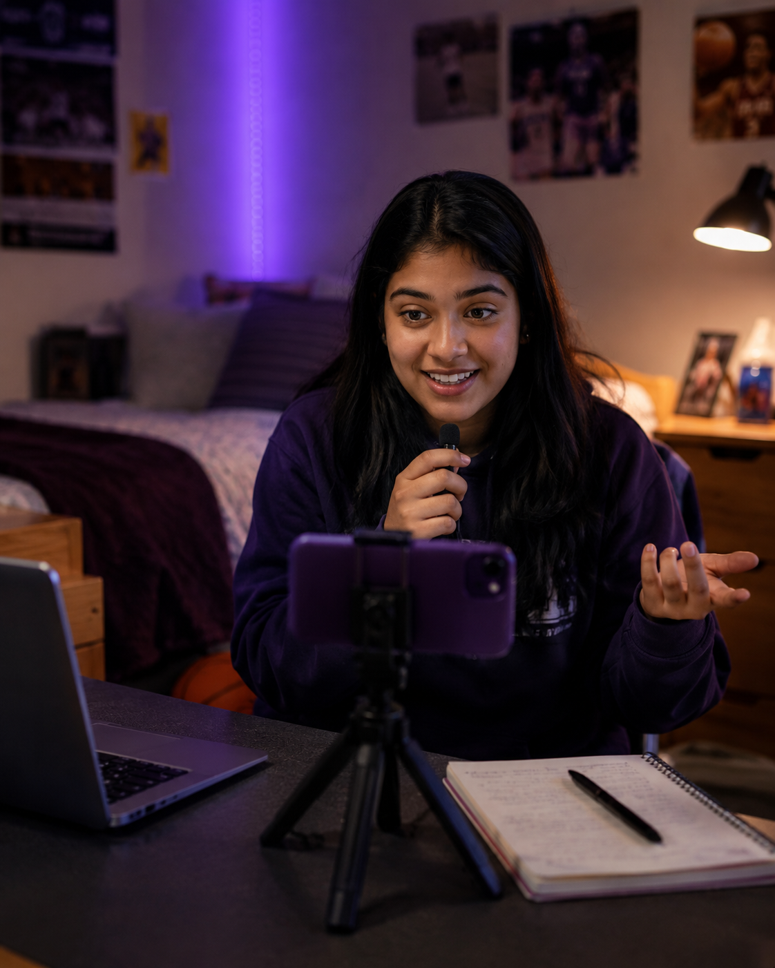 College creator filming commentary from campus